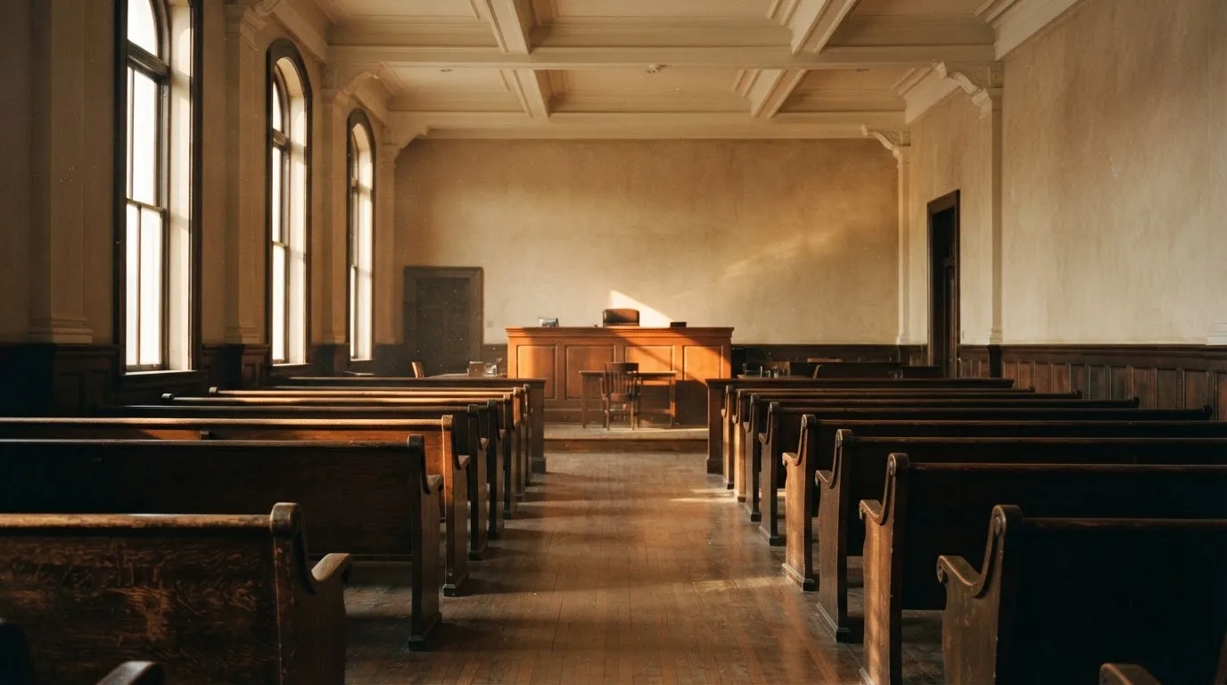 An empty courtroom with wooden benches in morning light