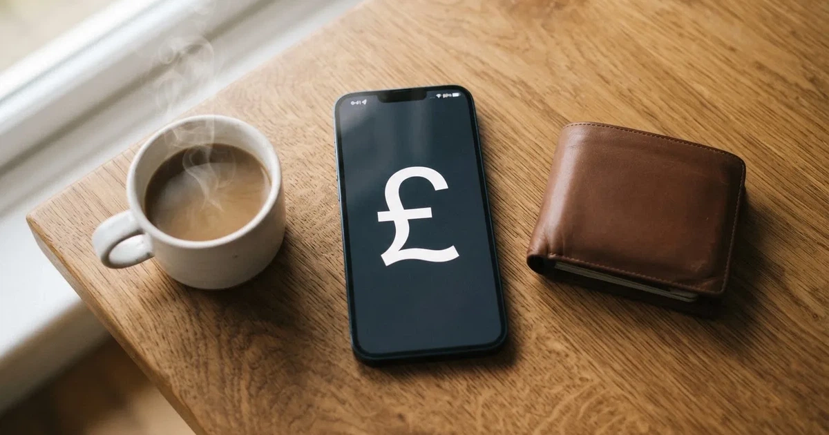 A smartphone on a wooden table beside a wallet and a coffee cup