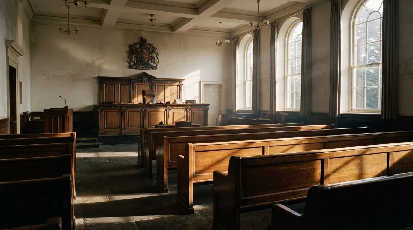 An empty courtroom with wooden benches in morning light