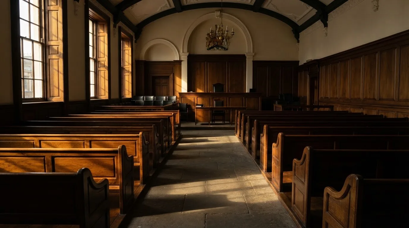 An empty courtroom with wooden benches in morning light