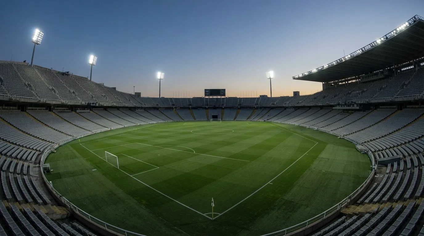 An empty football stadium with floodlight masts at dusk