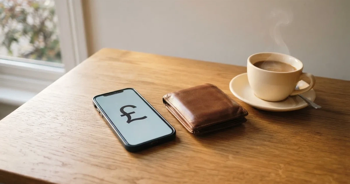 A smartphone on a wooden table beside a wallet and a coffee cup