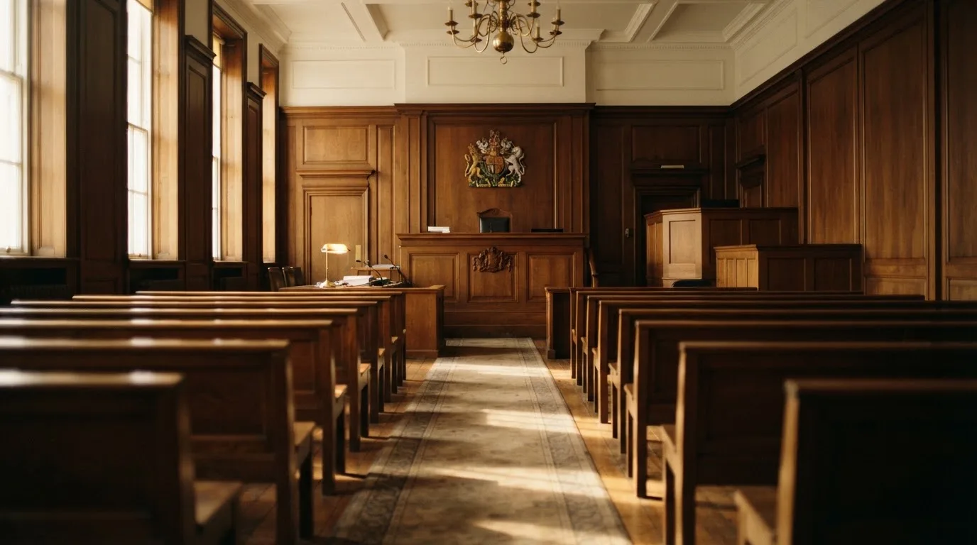 An empty courtroom with wooden benches in morning light