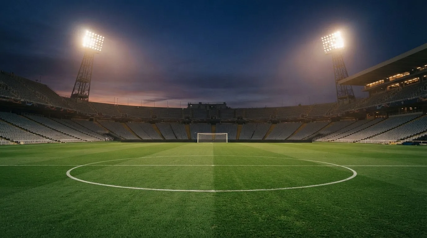 An empty football stadium with floodlight masts at dusk
