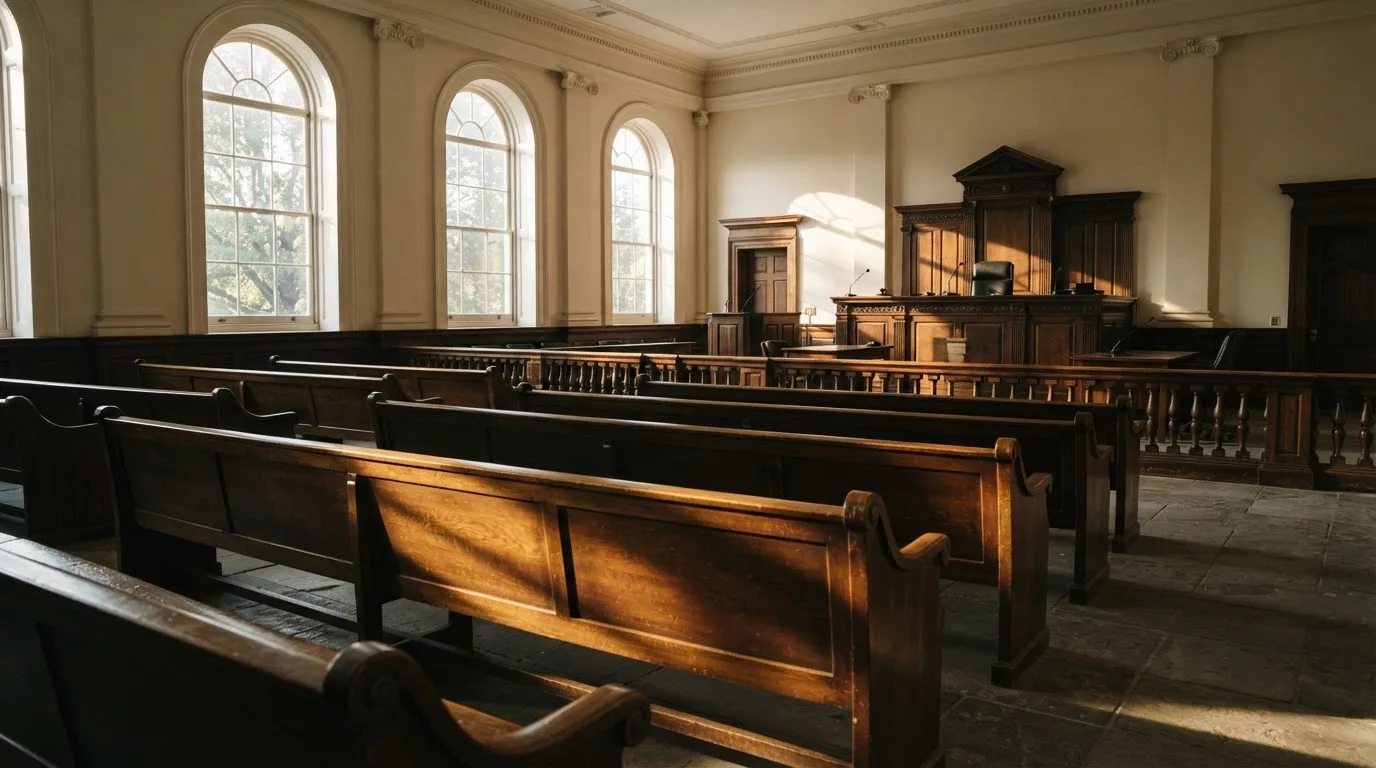 An empty courtroom with wooden benches in morning light