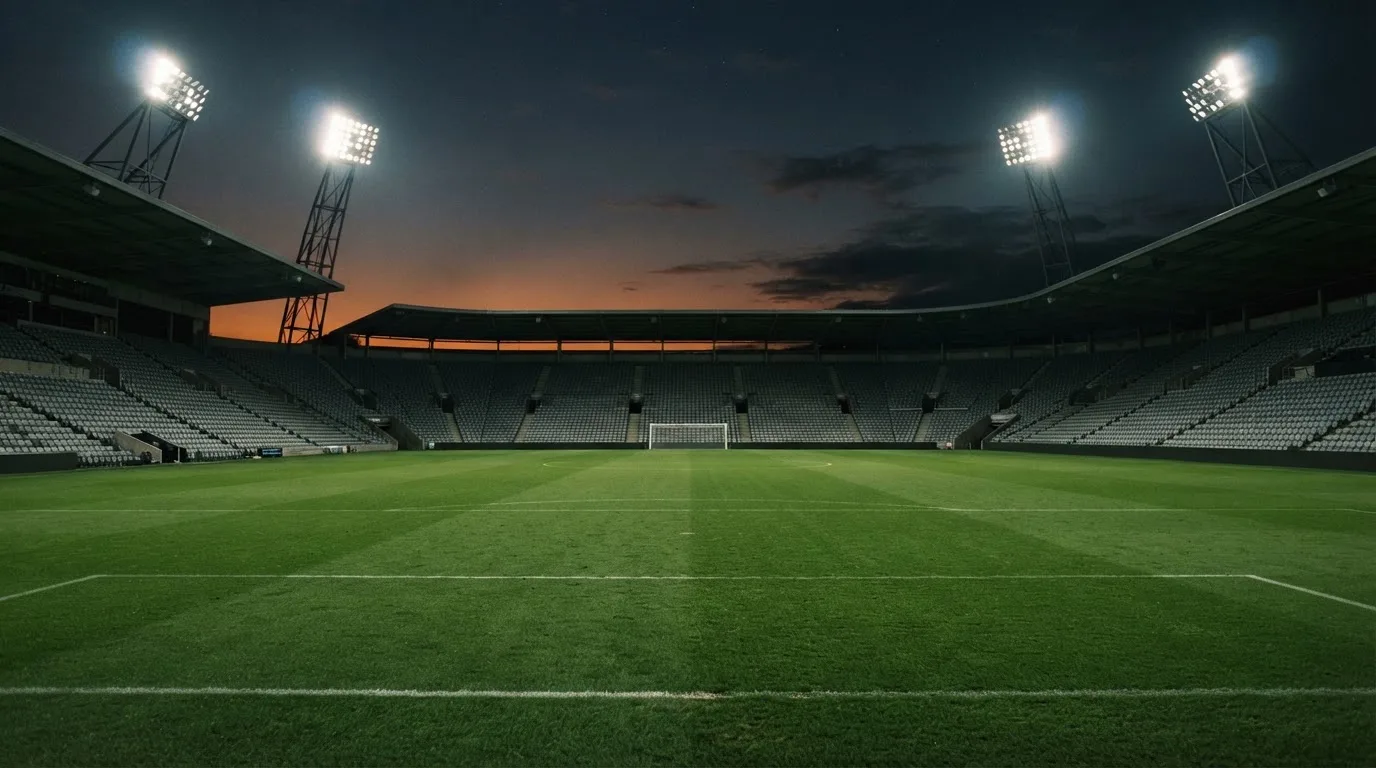 An empty football stadium with floodlight masts at dusk