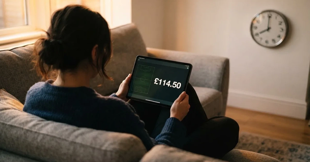 A person on a sofa looking thoughtfully at a tablet, a wall clock in the background
