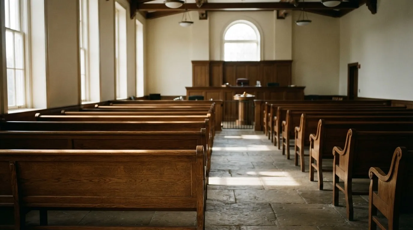 An empty courtroom with wooden benches in morning light