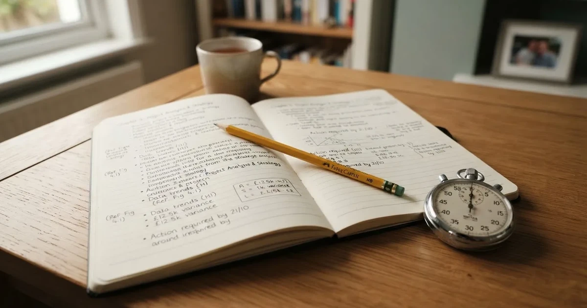 An open notebook with a pencil and a stopwatch on a wooden table