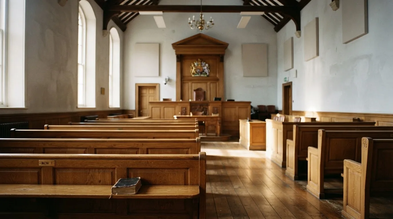 An empty courtroom with wooden benches in morning light