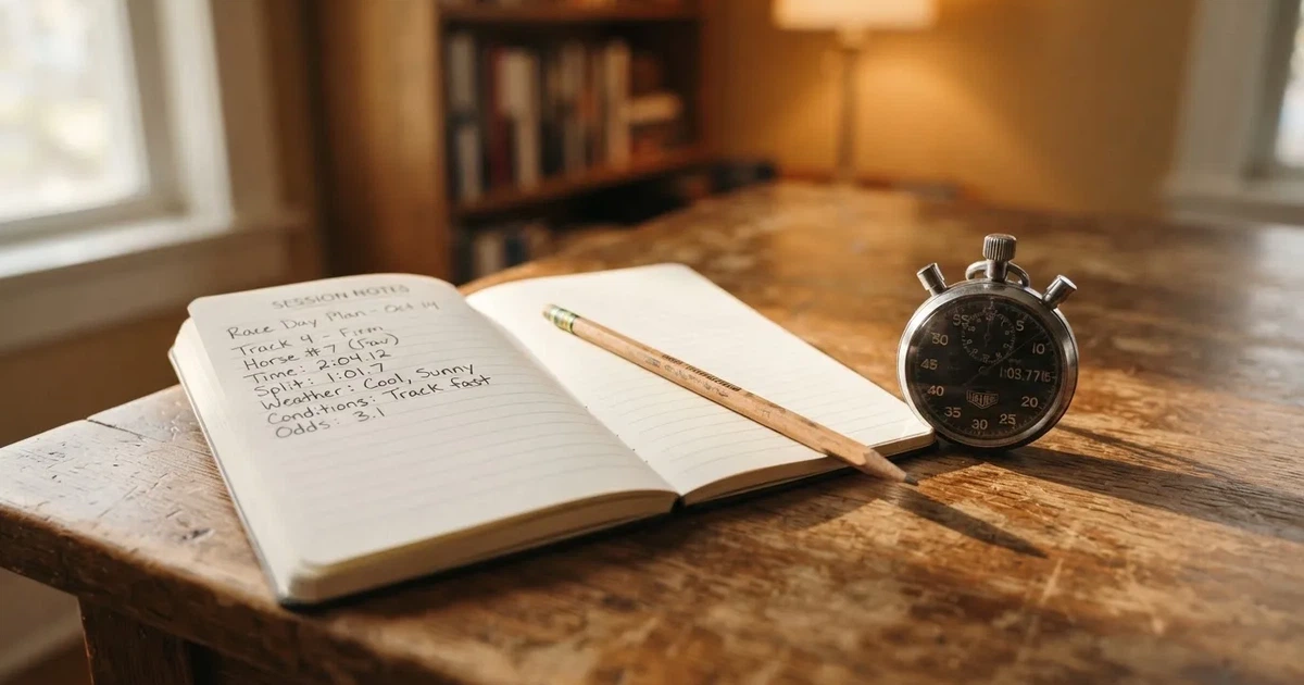 An open notebook with a pencil and a stopwatch on a wooden table