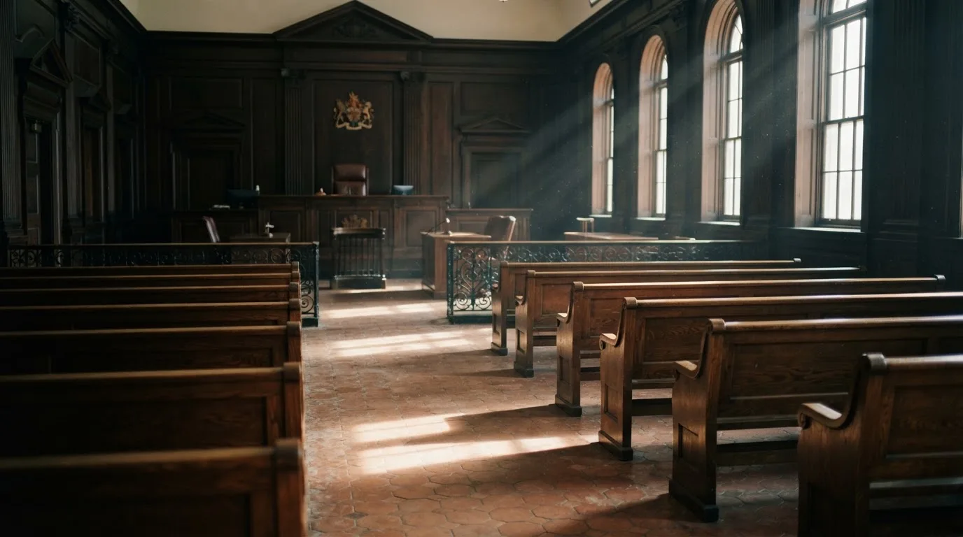 An empty courtroom with wooden benches in morning light