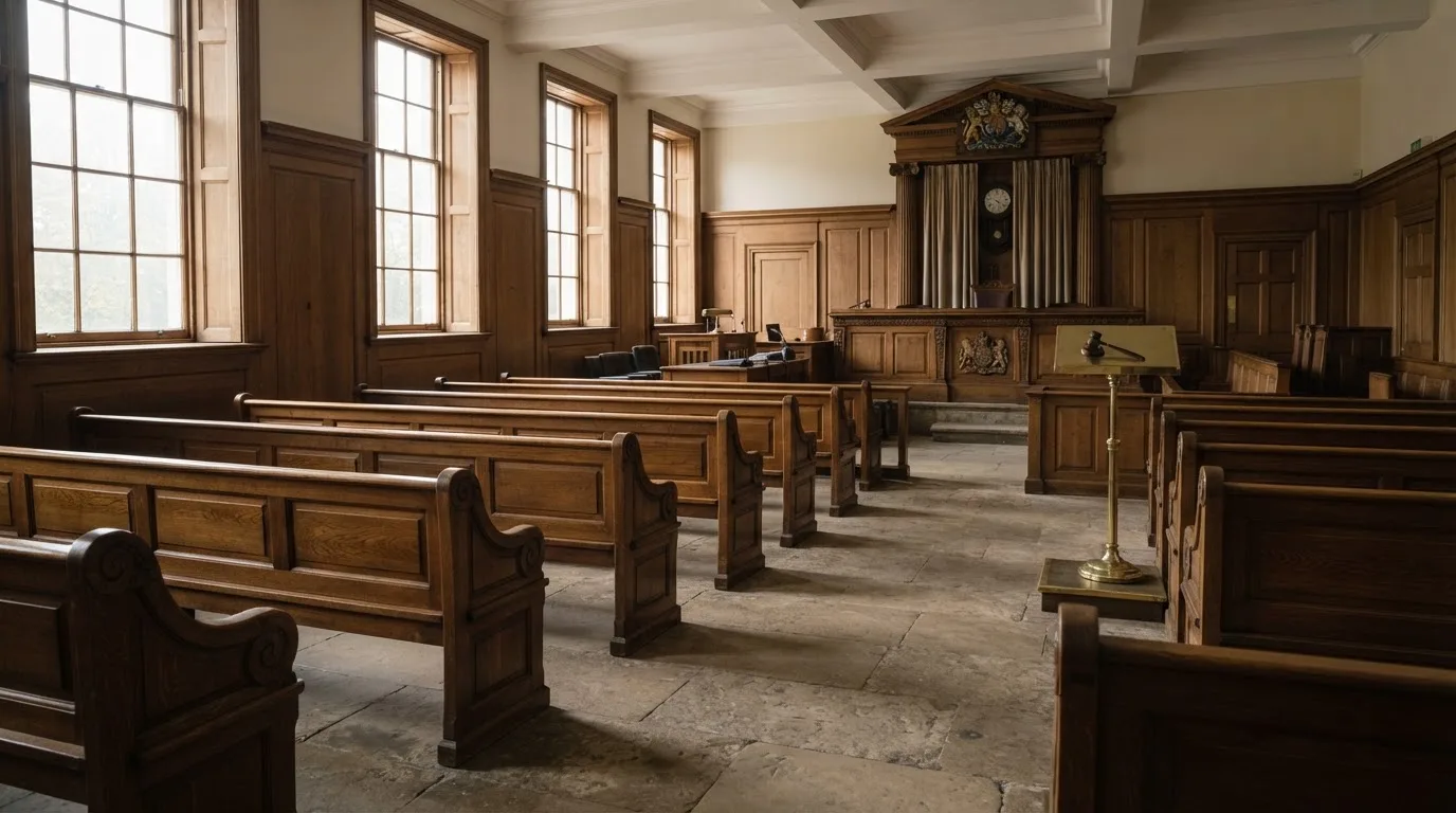 An empty courtroom with wooden benches in morning light