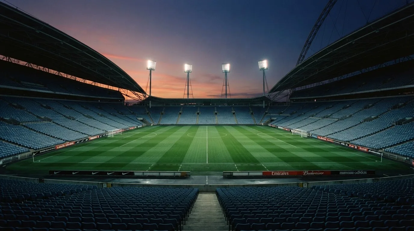 An empty football stadium with floodlight masts at dusk