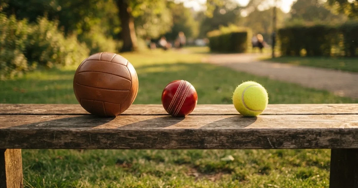 Three balls of different kinds side by side on a wooden bench