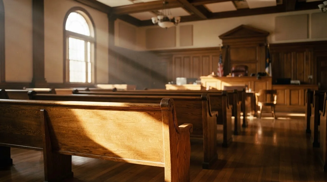 An empty courtroom with wooden benches in morning light