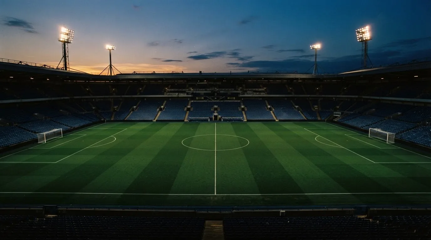 An empty football stadium with floodlight masts at dusk