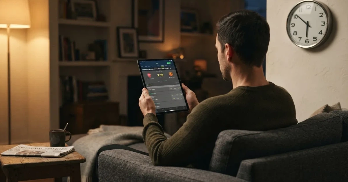 A person on a sofa looking thoughtfully at a tablet, a wall clock in the background
