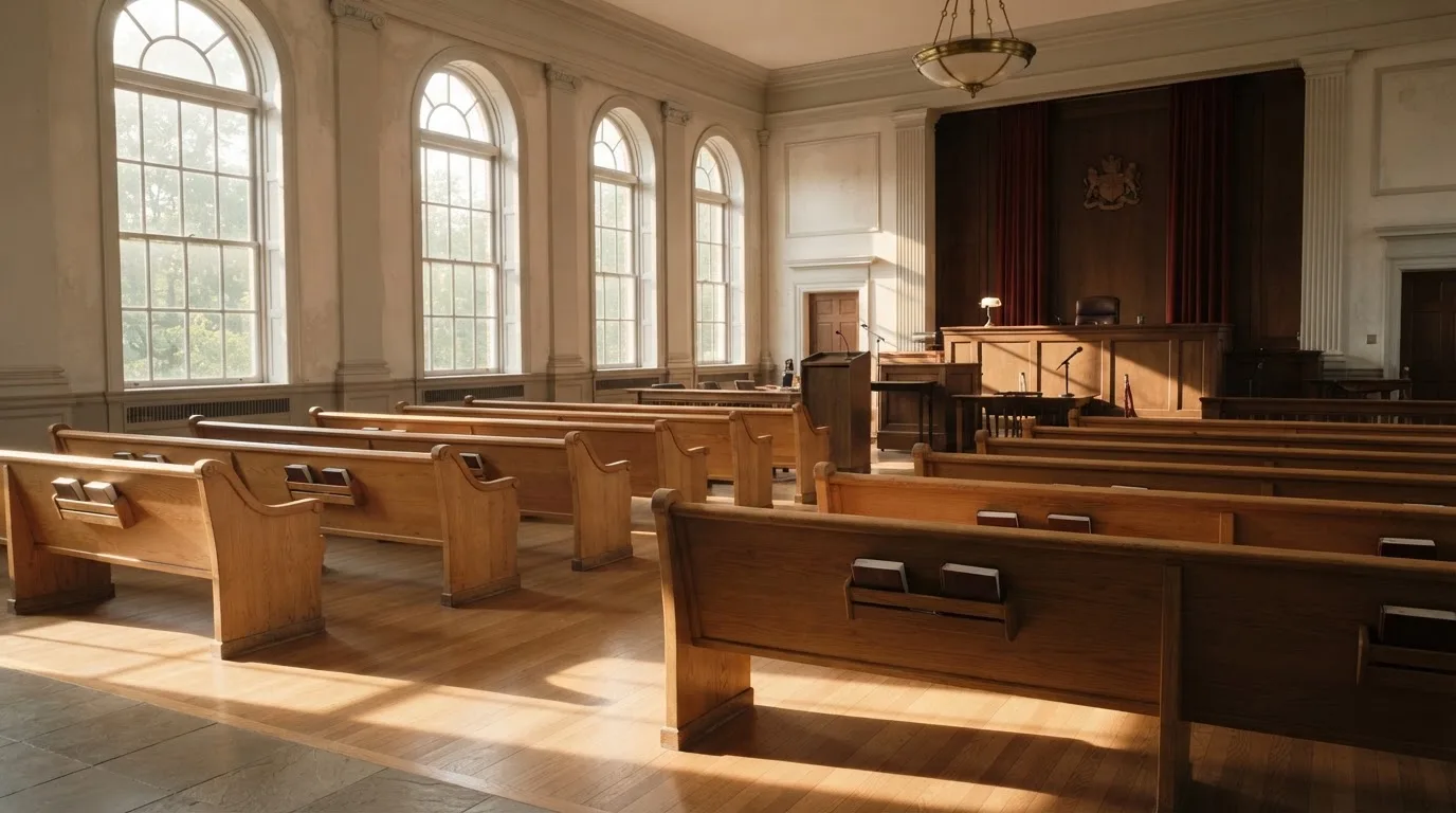 An empty courtroom with wooden benches in morning light