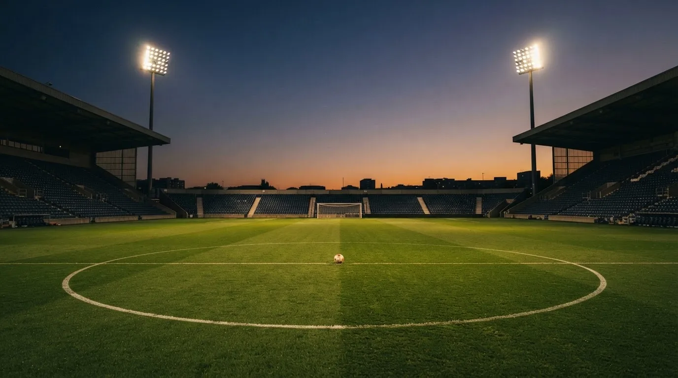 An empty football stadium with floodlight masts at dusk