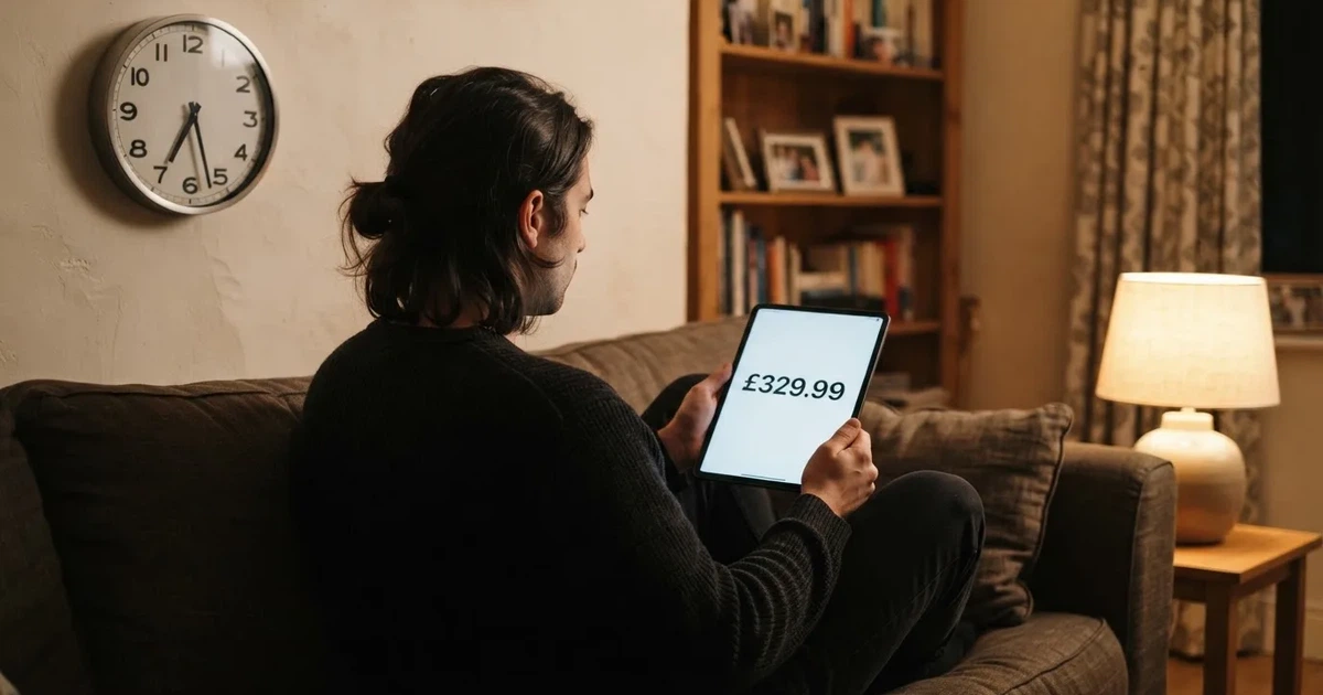 A person on a sofa looking thoughtfully at a tablet, a wall clock in the background