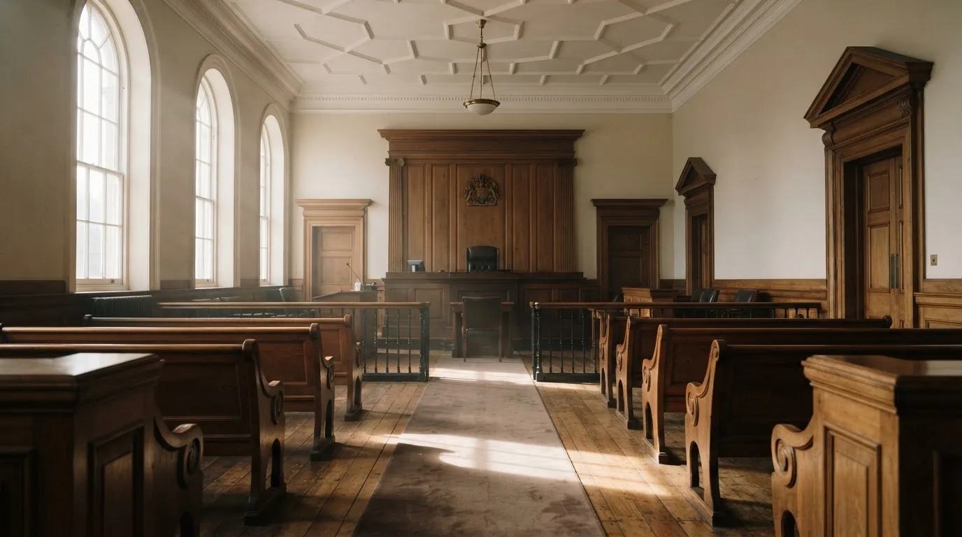 An empty courtroom with wooden benches in morning light