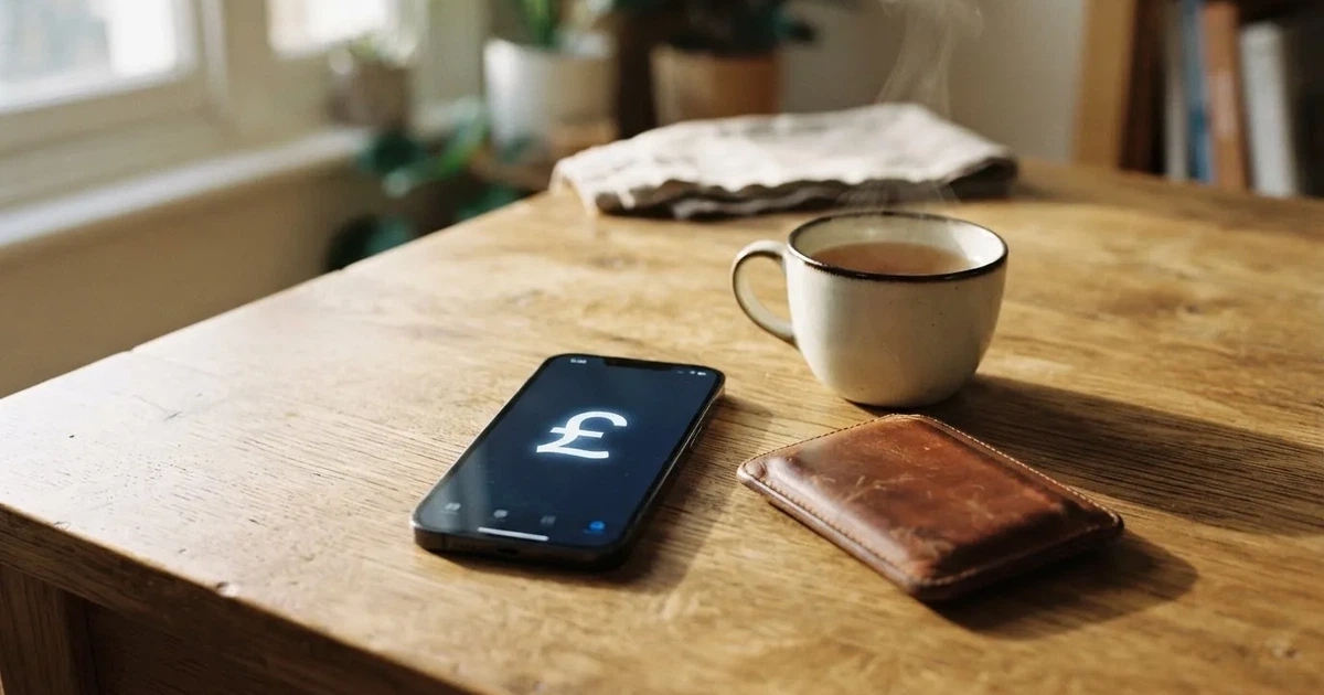 A smartphone on a wooden table beside a wallet and a coffee cup
