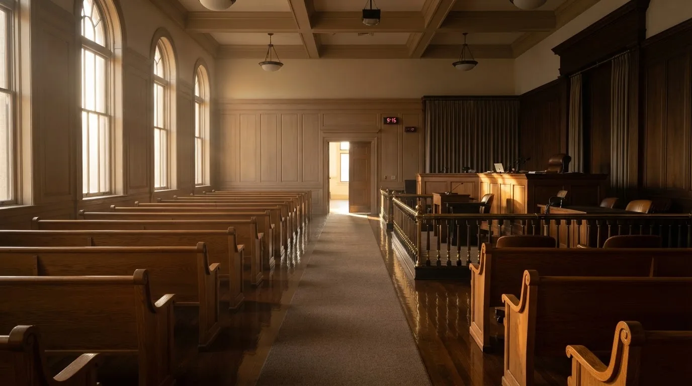 An empty courtroom with wooden benches in morning light