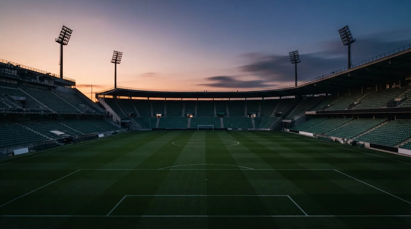 An empty football stadium with floodlight masts at dusk