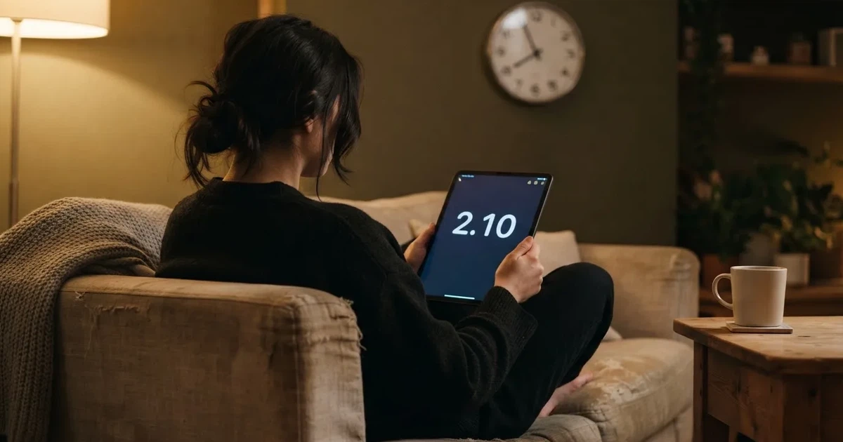 A person on a sofa looking thoughtfully at a tablet, a wall clock in the background