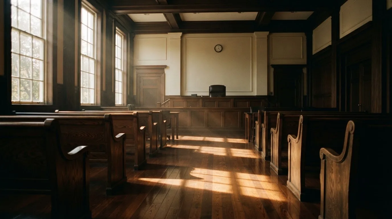 An empty courtroom with wooden benches in morning light