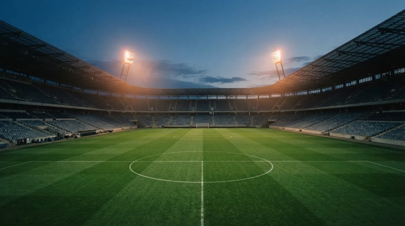 An empty football stadium with floodlight masts at dusk