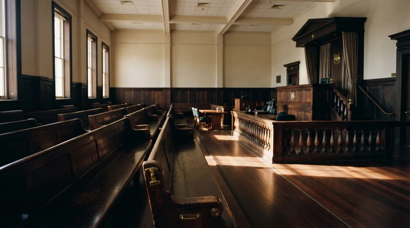 An empty courtroom with wooden benches in morning light