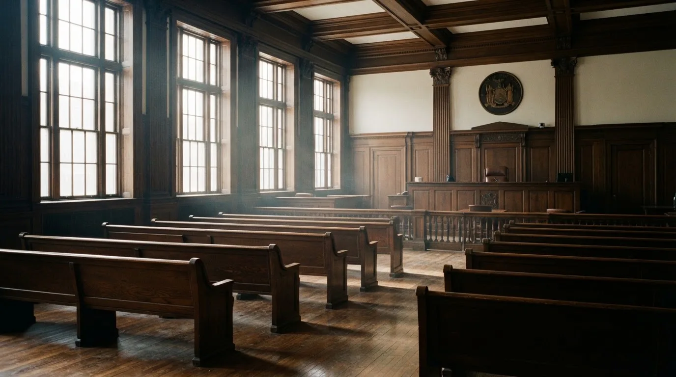An empty courtroom with wooden benches in morning light