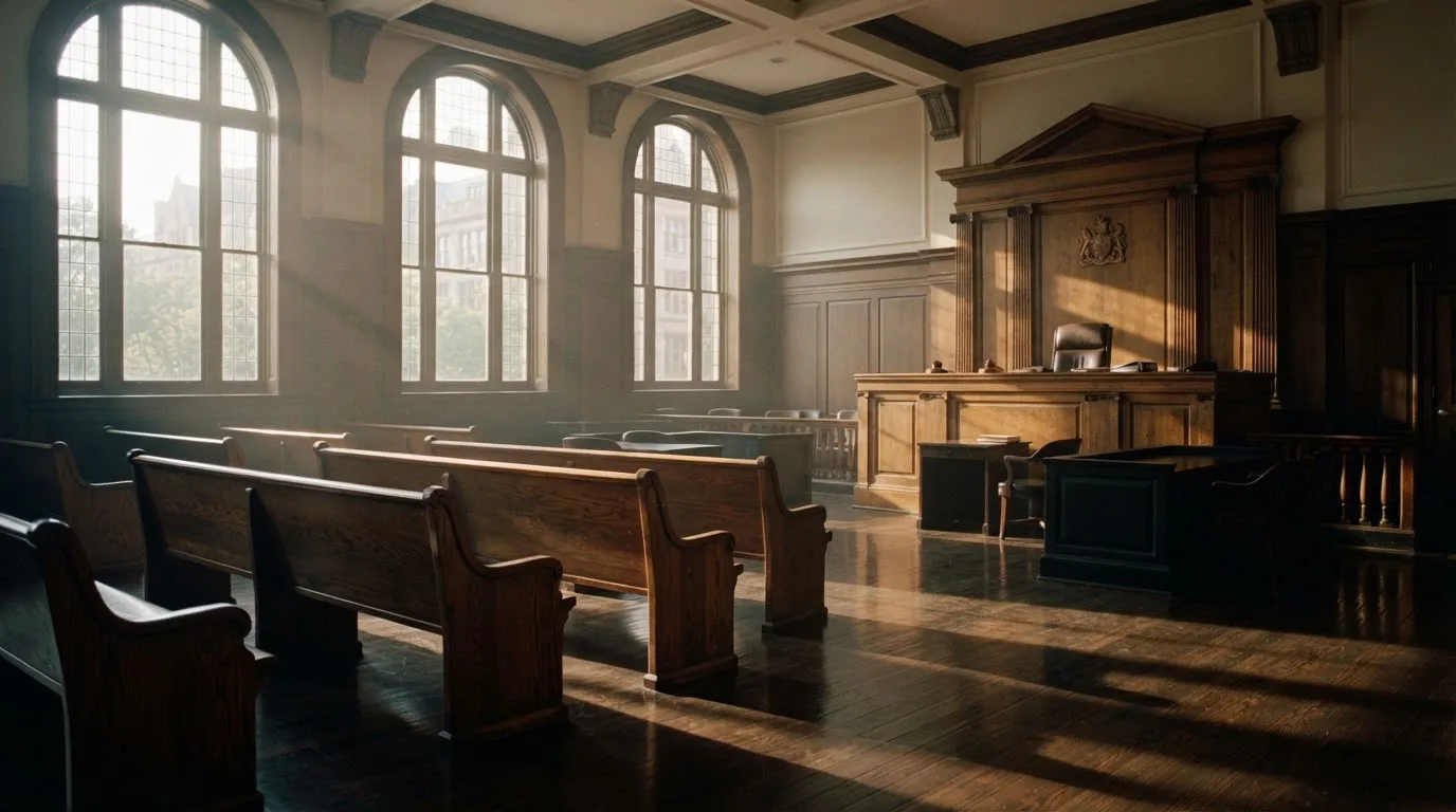 An empty courtroom with wooden benches in morning light
