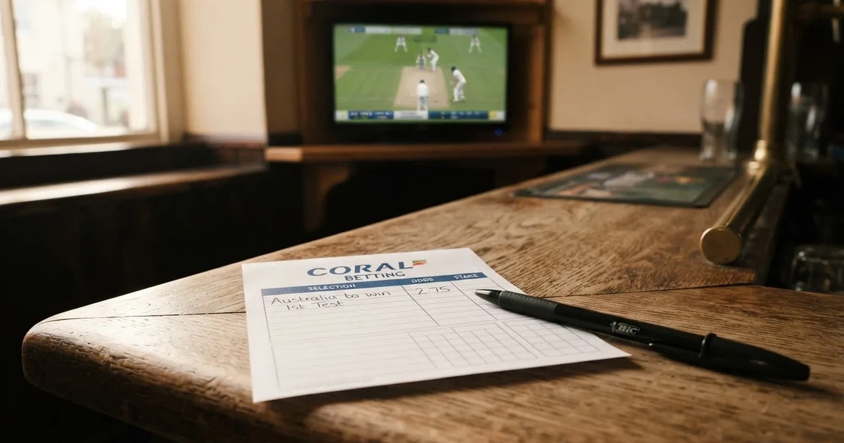 A blank paper betting slip beside a pen on a wooden counter
