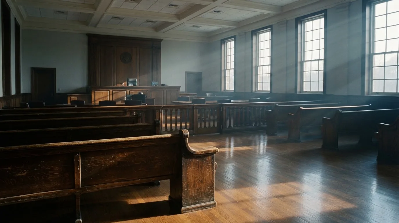 An empty courtroom with wooden benches in morning light