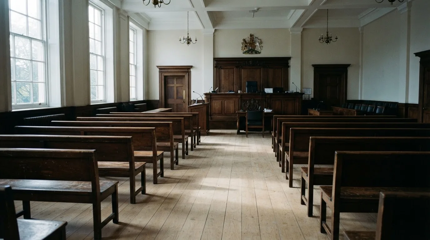An empty courtroom with wooden benches in morning light