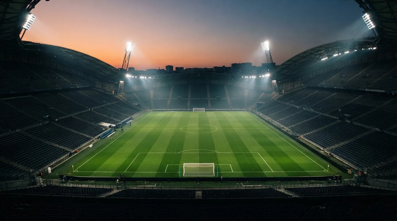 An empty football stadium with floodlight masts at dusk