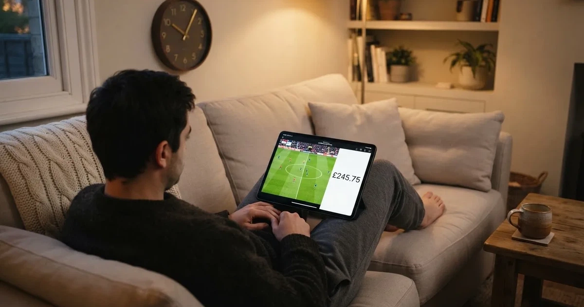 A person on a sofa looking thoughtfully at a tablet, a wall clock in the background