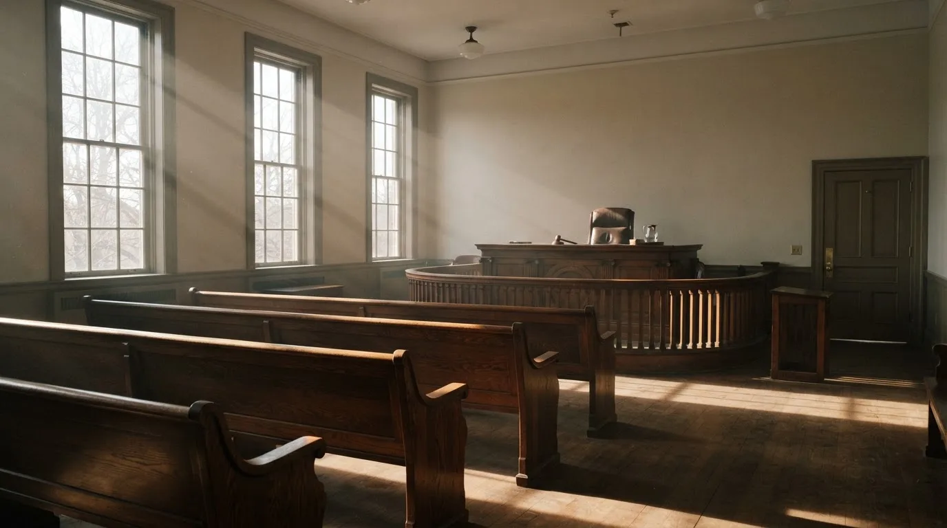 An empty courtroom with wooden benches in morning light