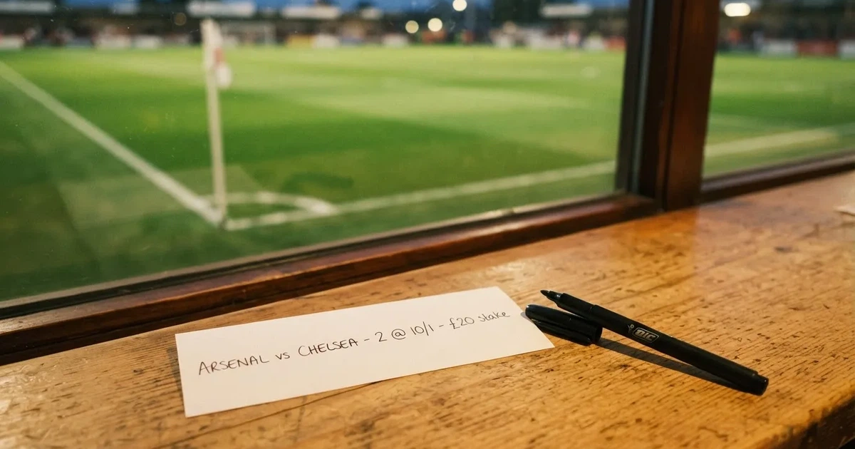 A blank paper betting slip beside a pen on a wooden counter