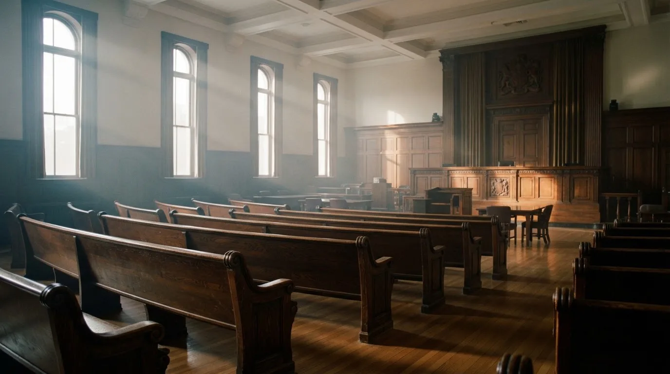An empty courtroom with wooden benches in morning light