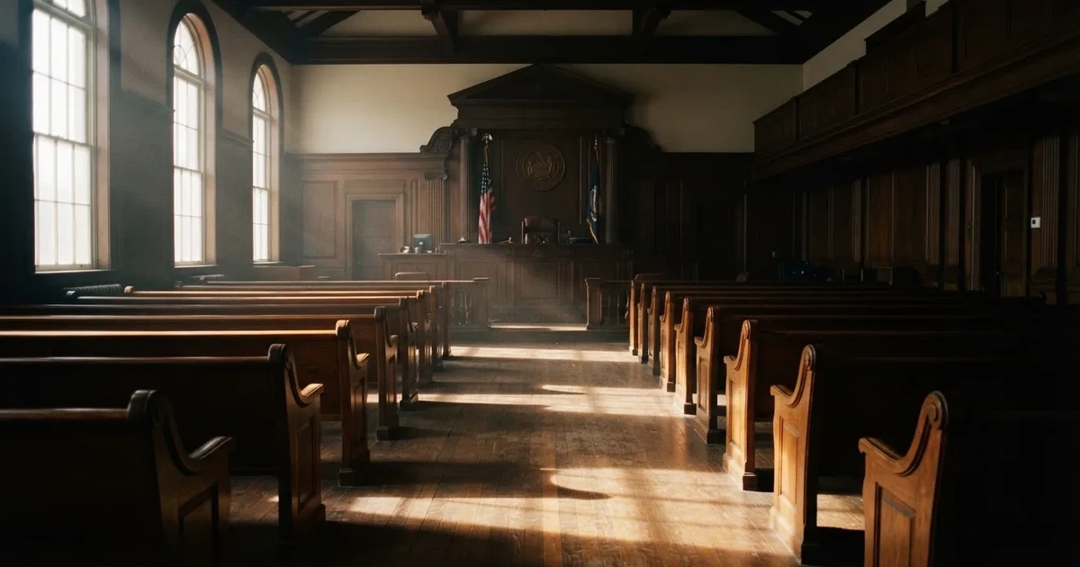 An empty courtroom with wooden benches in morning light