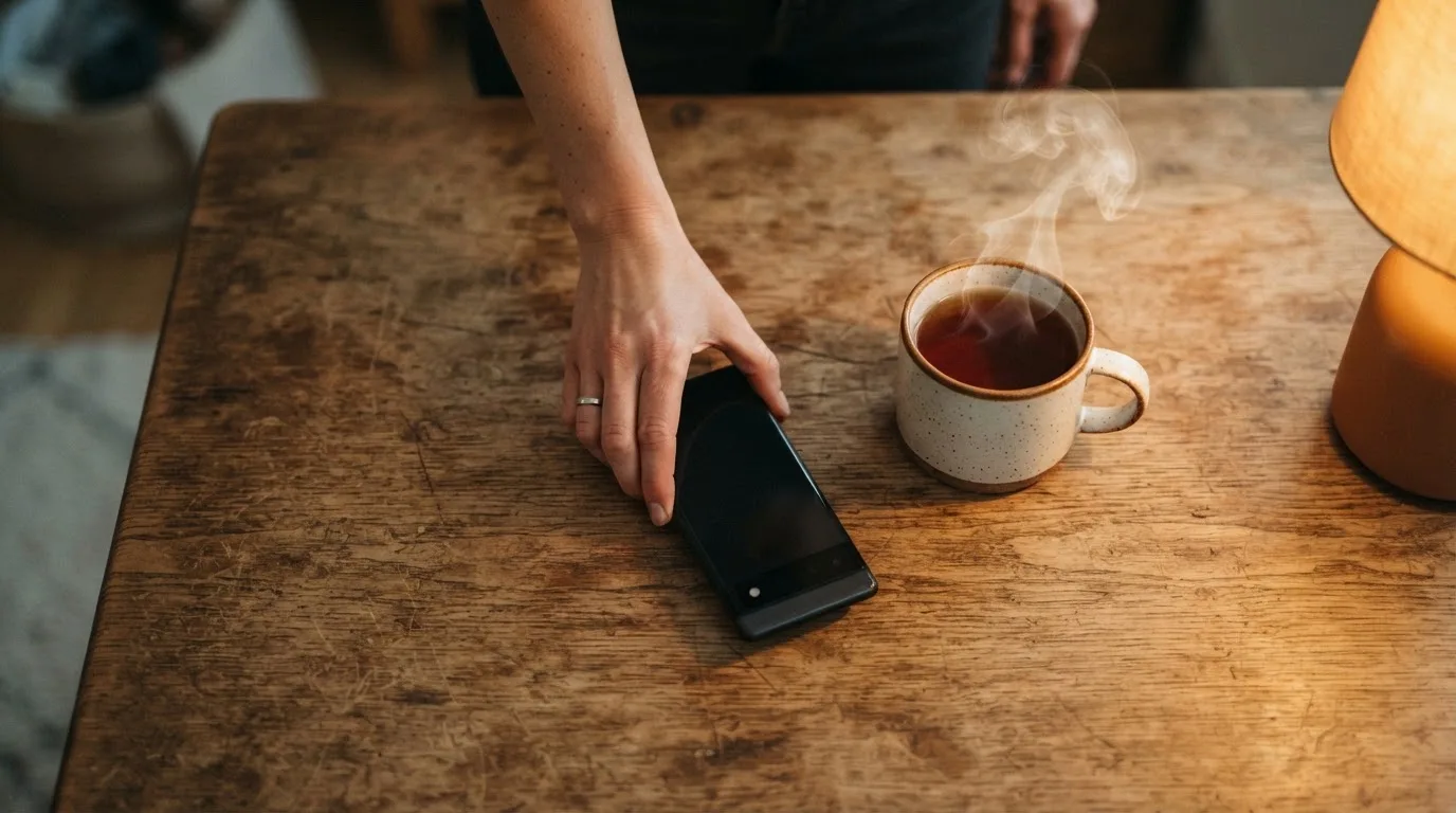 A hand setting a smartphone down beside a cup of tea on a kitchen table on a quiet evening