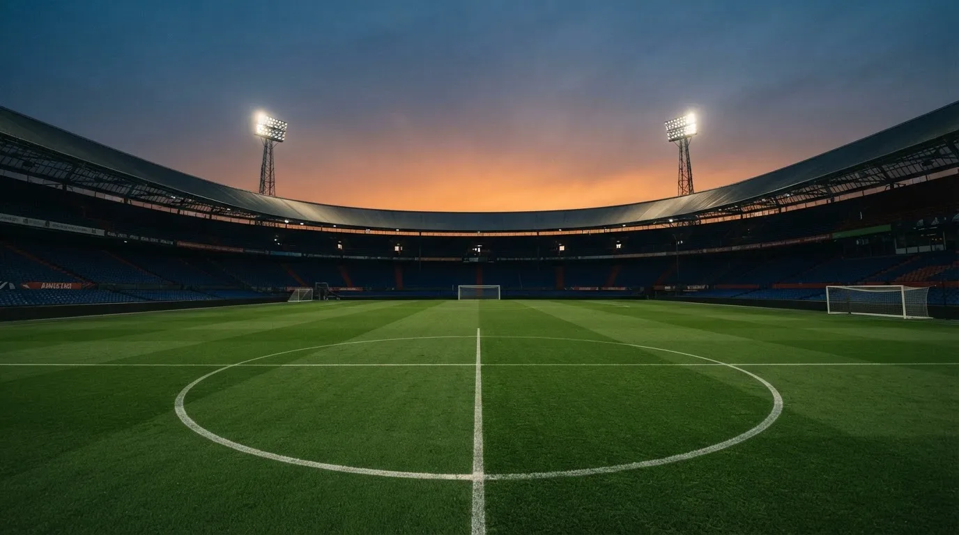 An empty football stadium with floodlight masts at dusk