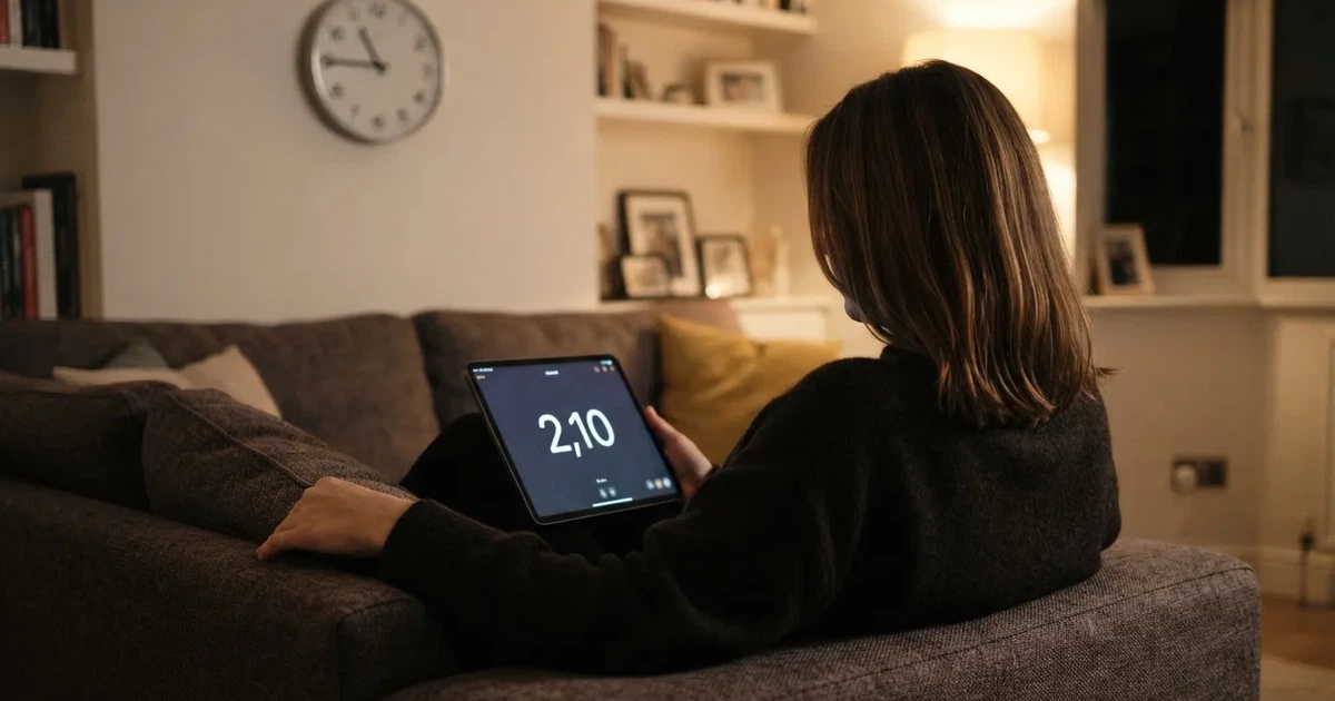 A person on a sofa looking thoughtfully at a tablet, a wall clock in the background