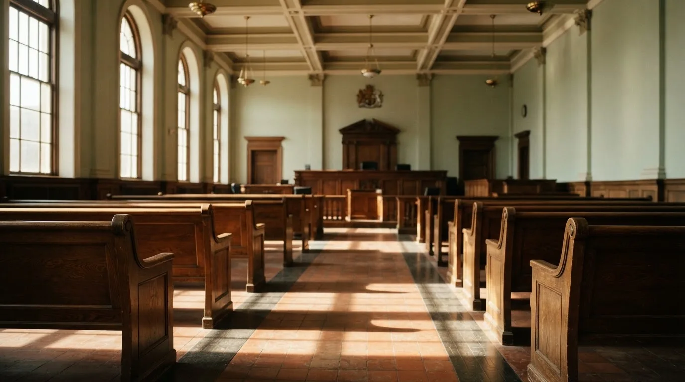 An empty courtroom with wooden benches in morning light