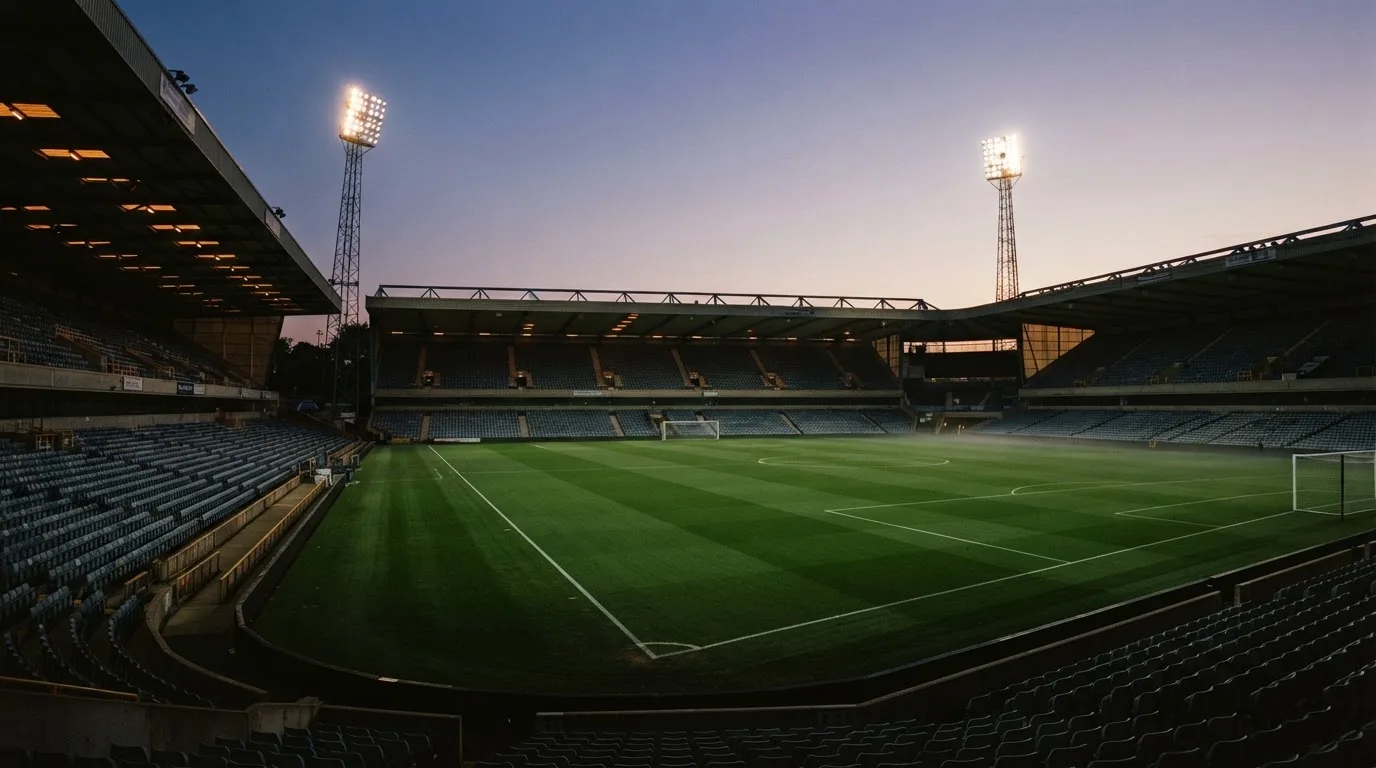 An empty football stadium with floodlight masts at dusk