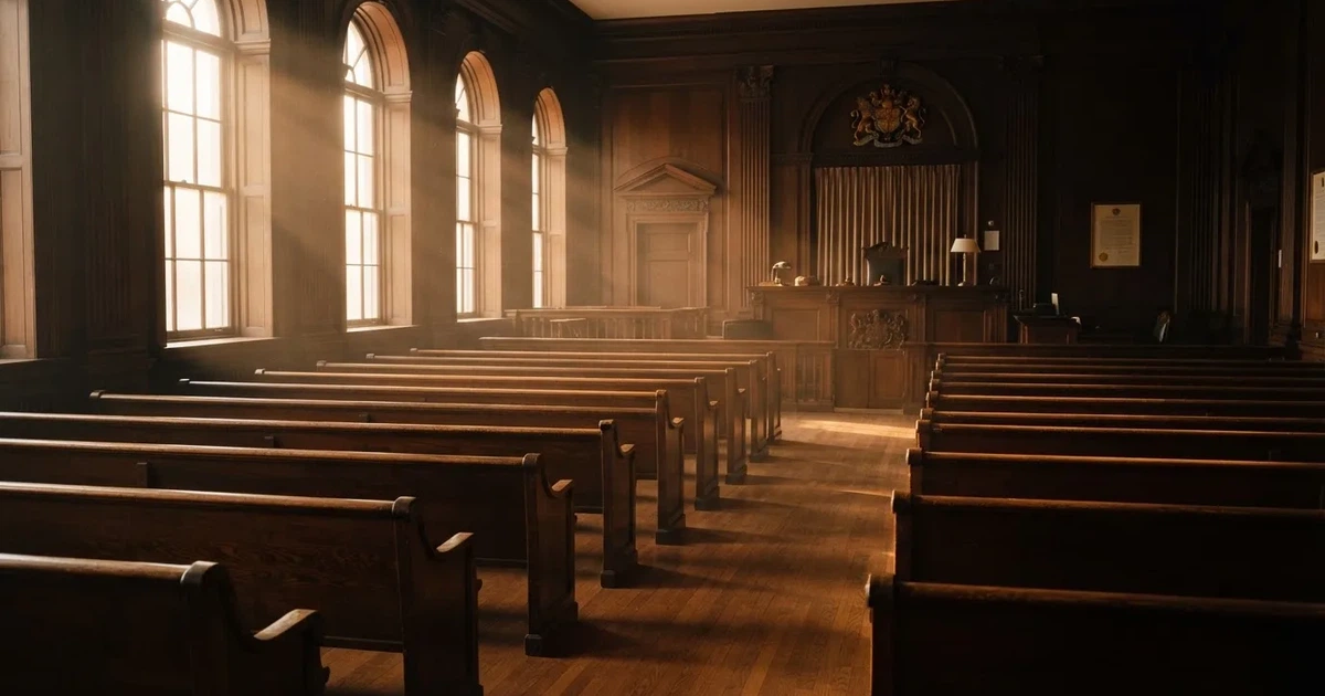 An empty courtroom with wooden benches in morning light